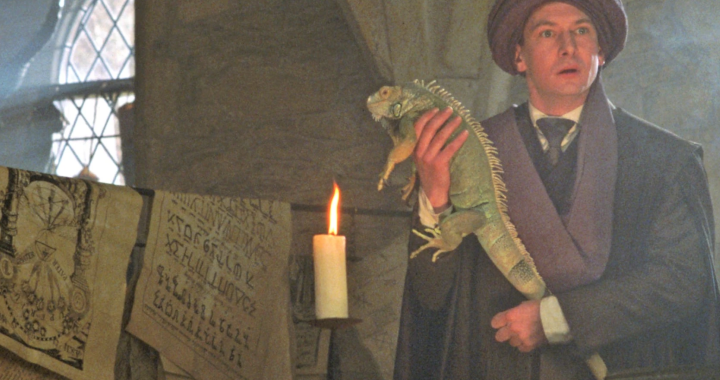 Professor Quirrell is holding an Iguana in class